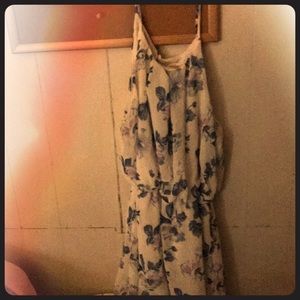 White dress with beautiful blue flowers and pink.